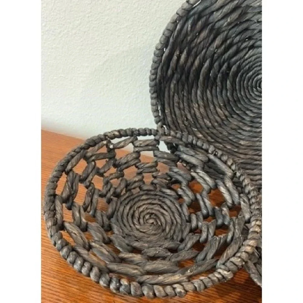 Set of 3 Dark Handwoven Wall Baskets Rustic Boho Decor Round Hanging Art 14